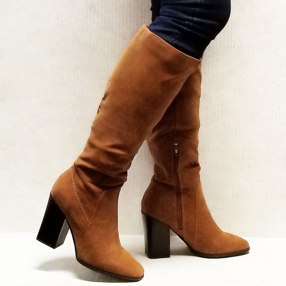 New Tan Square Toe Knee High Chunky Heel Boots - Picture 3 of 4